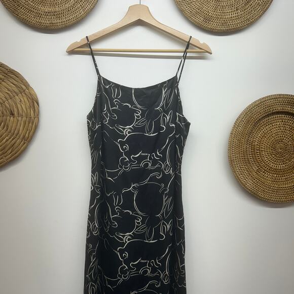 Zara Neutral Black White Sleeveless Rabbit Print Satin Slip Midi Dress XS - Picture 1 of 7